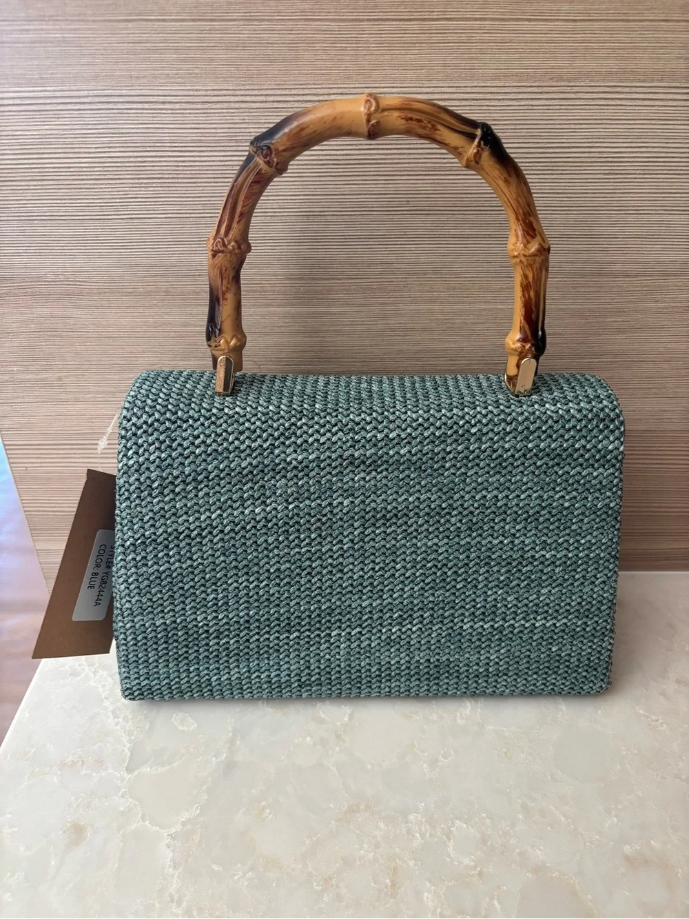 NWT Savannah seafoam blue green Woven Handbag/crossbody with Bamboo Handle